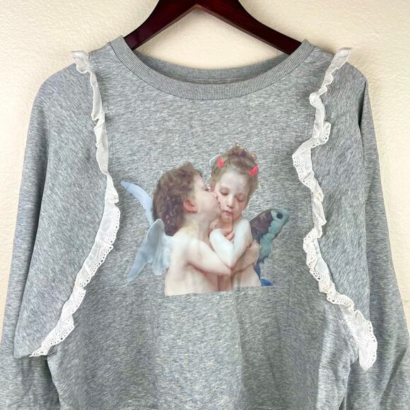 Sweatshirt Womens Sz S Embroidered Devil Cherub Ruffle Oversized Coquette Angel - Picture 9 of 9